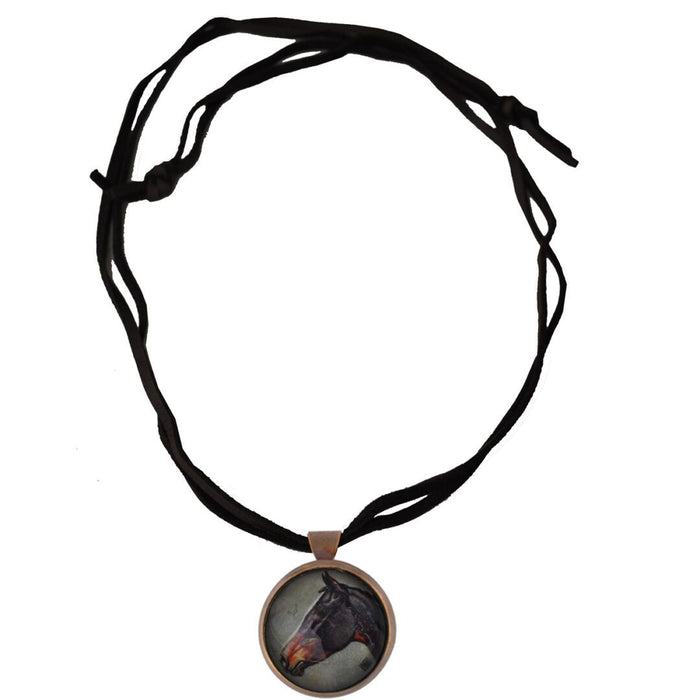 Black Horse Rosette Pendant Deerskin Necklace