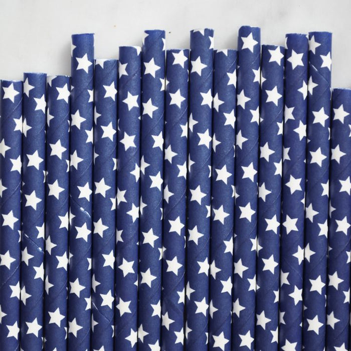 White Stars Navy Paper Straws Set of 23