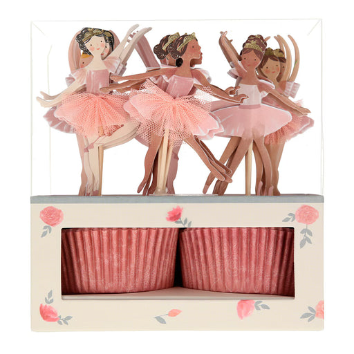 Ballerina-themed cupcake toppers in a decorative box with pink roses.