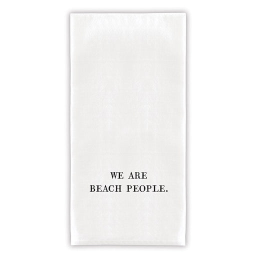 White hand towel with the text 'We Are Beach People' displayed on a gold towel holder