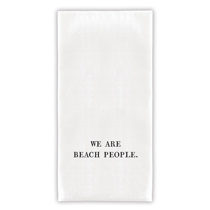 White hand towel with the text 'We Are Beach People' displayed on a gold towel holder