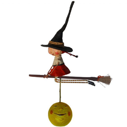Whimsical 11″ Lori Mitchell “Becca’s Broom Ride” resin figurine—charming witch flying over the moon. Perfect for Halloween décor and collectors