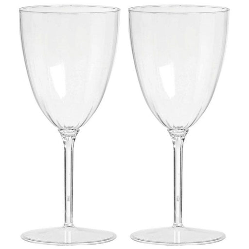 A set of two clear plastic wine glasses with a simple design.