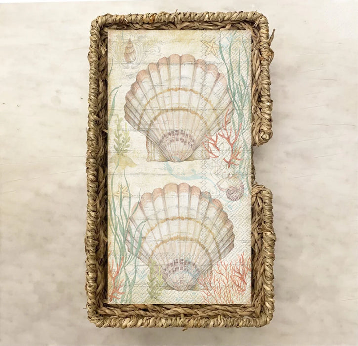 Elegant coastal guest towel napkin featuring soft watercolor scallop shells, coral, seaweed, and oceanic illustrations in pastel tones—ideal for beach weddings, coastal homes, and summer parties