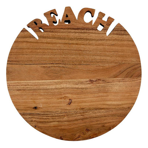 Wooden round sign with 'BEACH' cut out of the top. Handcrafted acacia wood tray with ‘BEACH’ lettering, styled with summer appetizers and coastal table accessories.