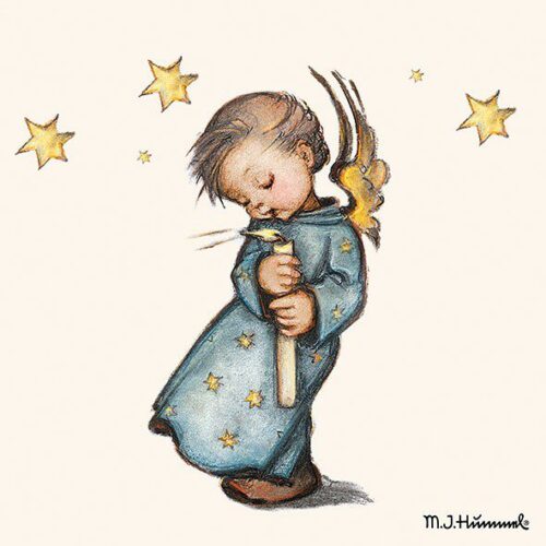 Charming Hummel angel printed paper napkin featuring a vintage-style design with an angelic child holding a candle, surrounded by golden stars, ideal for table decor and special occasions