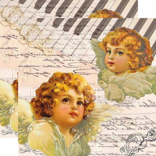 Collage of vintage-style cherub illustrations on a musical sheet background