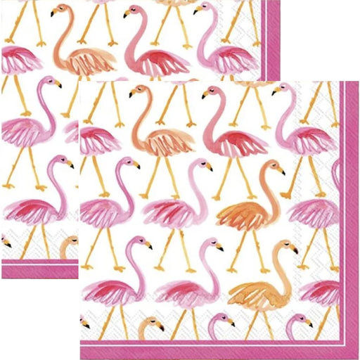 Napkin with pink and orange flamingo pattern on a white background
