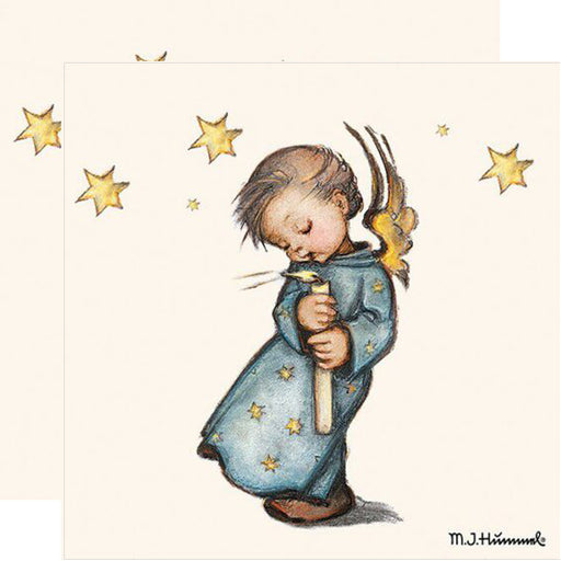 Charming Hummel angel printed paper napkin featuring a vintage-style design with an angelic child holding a candle, surrounded by golden stars, ideal for table decor and special occasions