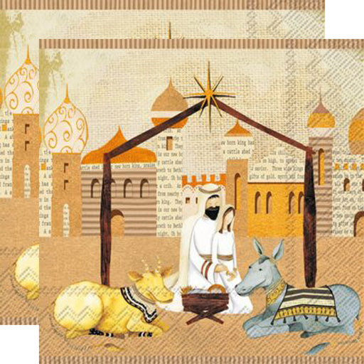 Artistic Nativity scene with Mary, Joseph, baby Jesus, a cow, and a donkey, set against a textured background with village buildings paper napkins