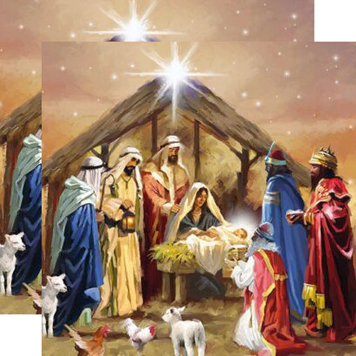 Nativity scene with Mary, Joseph, baby Jesus, and the Three Wise Men under a stable, surrounded by animals, with a bright star shining above