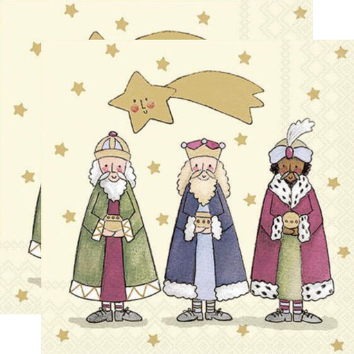 Three kings in regal attire with a star above them on a beige background paper napkins
