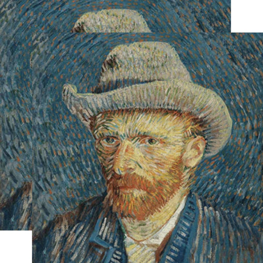 Close-up of a self-portrait painting with textured background. Vincent Van gogh self-portrait paper napkin