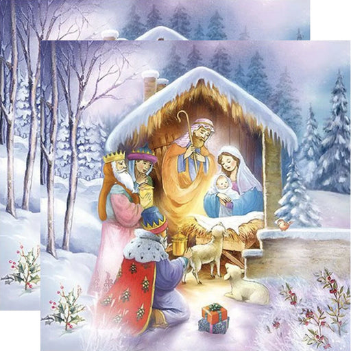 Nativity scene with Mary, Joseph, and baby Jesus in a snowy landscape Decoupage napkin