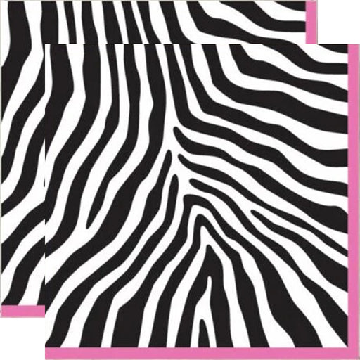 Zebra print pattern with brown and white stripes on a pink border. Zebra black and white luncheon paper napkins with a thin pink border, perfect for adding a fun and elegant touch to any dining occasion