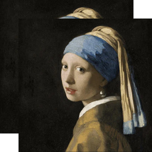 A printed paper napkin featuring a girl with a pearl earring, after the famous painting by Johannes Vermeer.G
