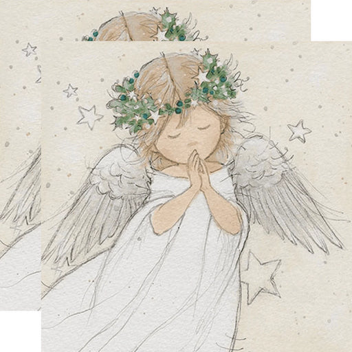 Illustration of an angel with wings and a floral crown on a starry background. Paper napkin featuring a delicate illustration of a praying angel with wings and a floral wreath, surrounded by stars