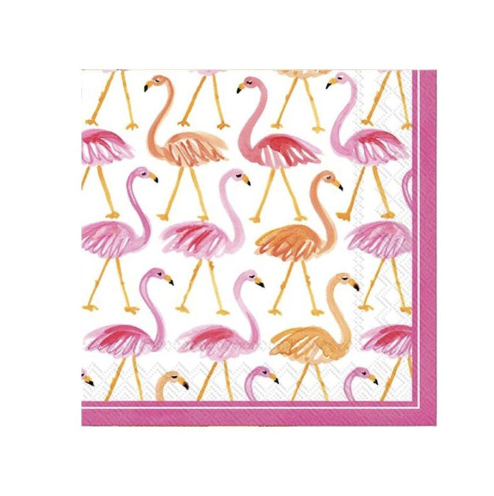Flamingo print paper napkins featuring a whimsical pattern of pink and orange flamingos on a white background, with a pink border. Perfect for tropical-themed parties, summer events, and celebrations