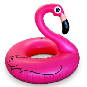 A pink inflatable pool float designed to resemble a flamingo.