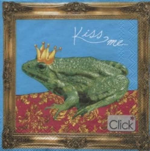 Frog with a crown on decorative napkin with 'Kiss me' text, framed by a gold border