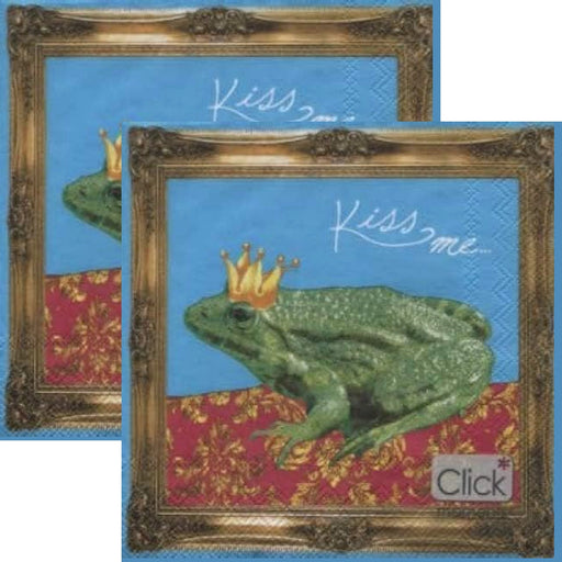 Frog with a crown paper napkin in a decorative frame on a blue background with 'Kiss me' text.