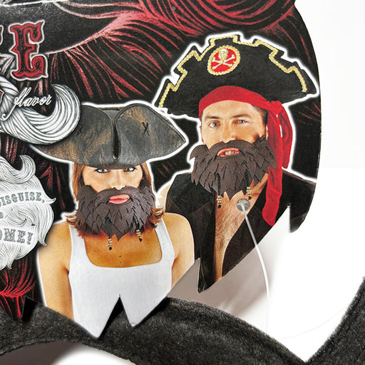 Two pirate-themed pins with beards and hats on a decorative background.
