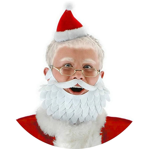 Child wearing a Santa Claus costume with a red hat, white beard, and red shirt on a white background.
