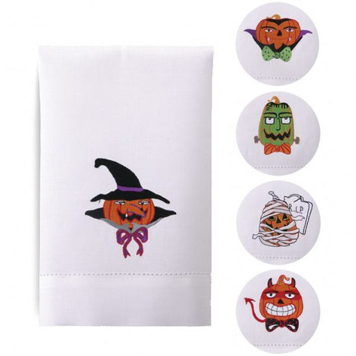 Set of 5 white guest towels with different embroidered pumpkin designs representing various Halloween characters like a vampire, frankenstein, mummy, witch, and devil.