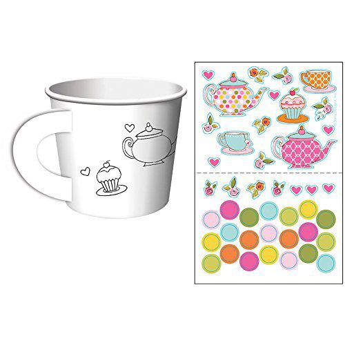 Paper tea cup with cupcake and teapot outline design, shown with colorful sticker sheet for decorating, kids craft and party favor set.