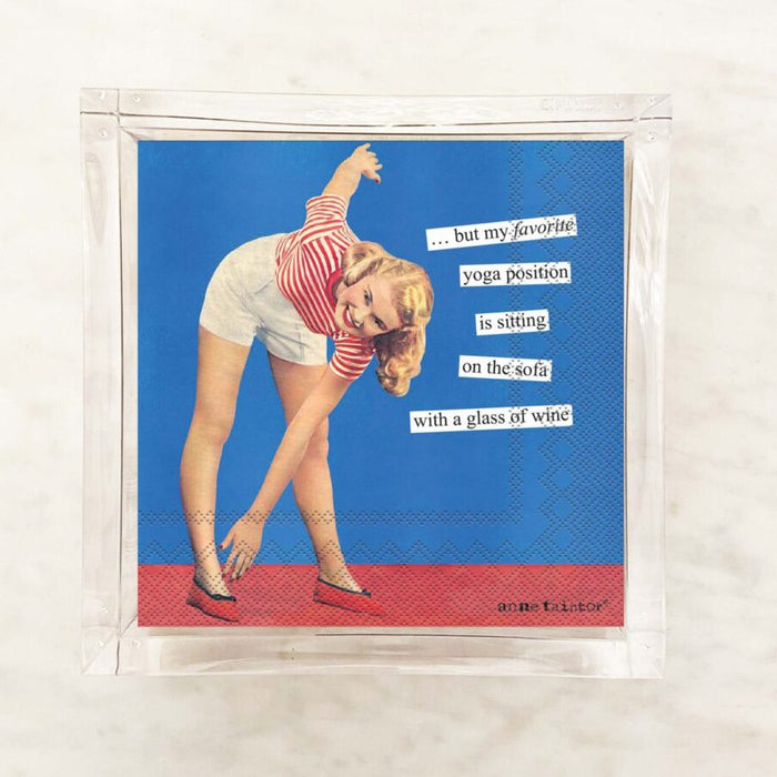 Pack of cocktail napkins with a humorous yoga-themed illustration and a quote.