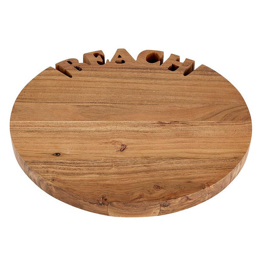 Wooden round sign with 'BEACH' cut out of the top. Handcrafted acacia wood tray with ‘BEACH’ lettering, styled with summer appetizers and coastal table accessories.