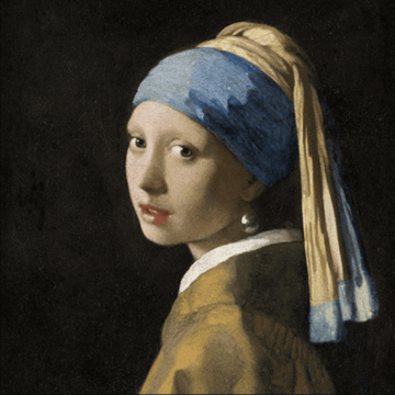 A printed paper napkin featuring a girl with a pearl earring, after the famous painting by Johannes Vermeer.G