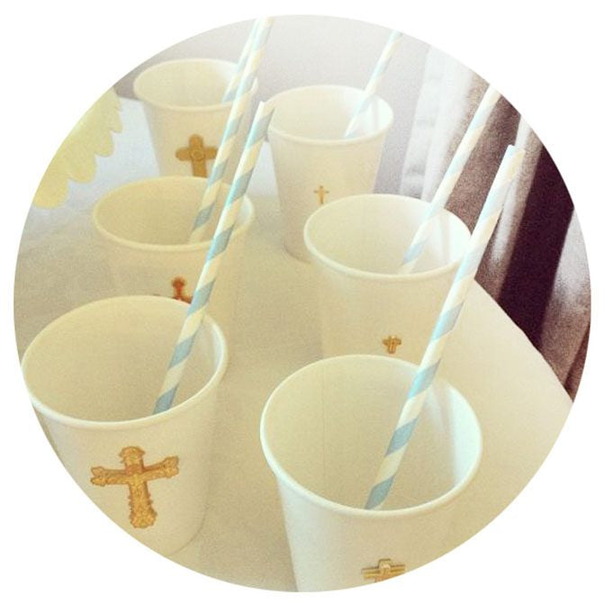 White Paper Cups with Gold Dimensional Cross Stickers