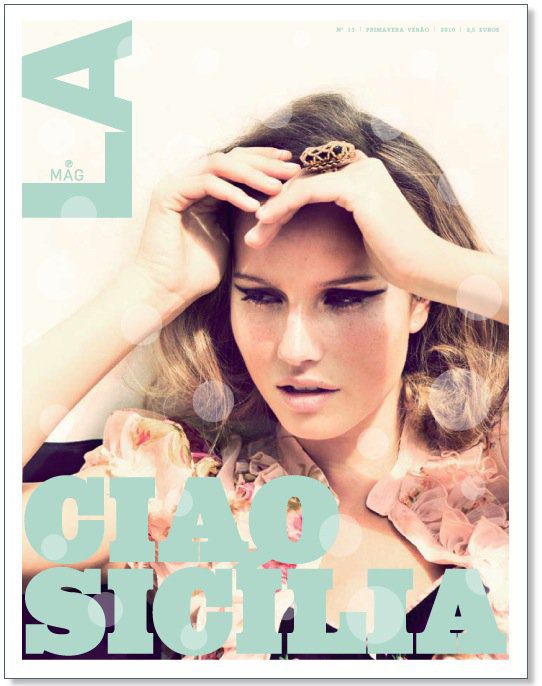 Magazine cover with a woman holding flowers and the text 'CIAO SICILIA' on a light background.