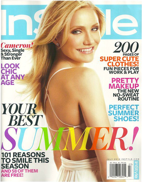 Magazine cover with a woman in a white dress, featuring text about summer fashion and style.
