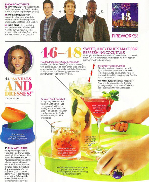 Magazine page with lifestyle images and text about fashion, cocktails, and fireworks.