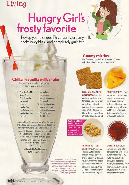 Vanilla milkshake with whipped cream and a straw, surrounded by text and images of ingredients and recipes.