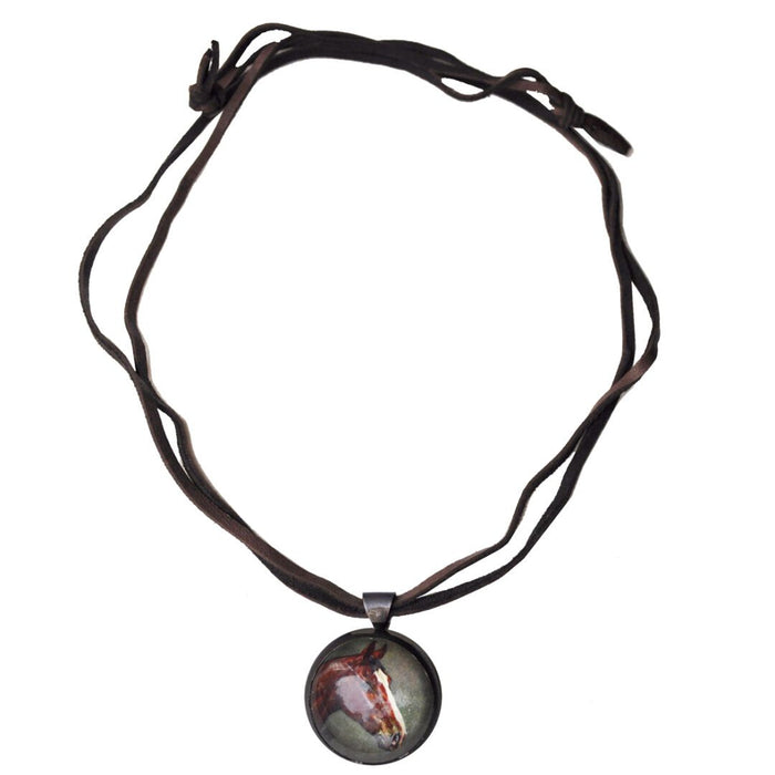 Brown Horse Rosette Pendant Deerskin Necklace