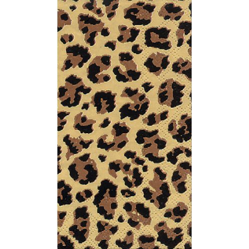 Leopard print guest paper napkins featuring a bold animal print design with dark brown and black spots on a beige background, perfect for buffets, parties, and events