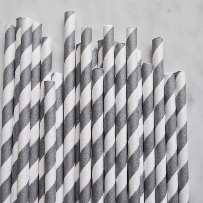 Grey Retro Barber Striped Paper Straws Set
