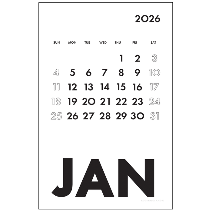 Calendar for January 2026 with a minimalist design on a white background