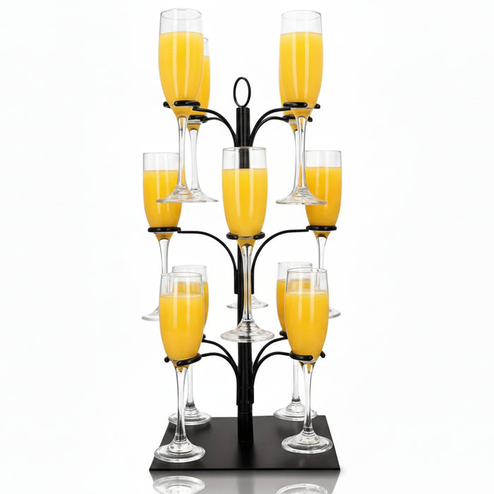 3-tier black cocktail tree stand holding 12 orange juice and champagne glasses