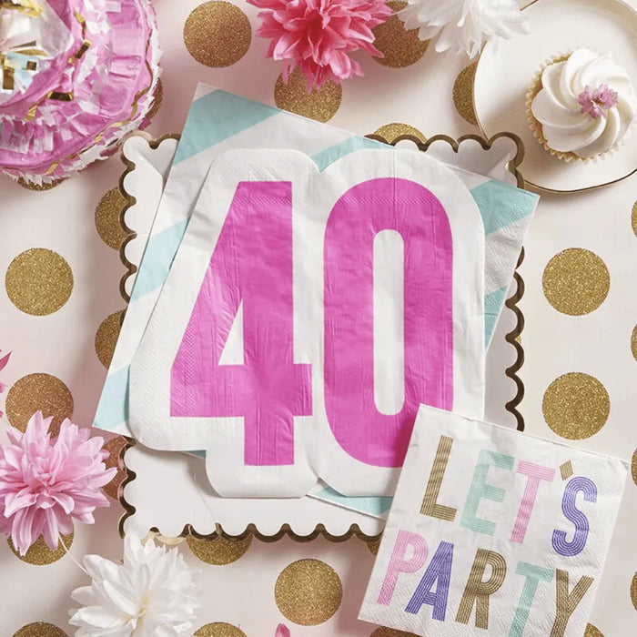40th Birthday napkins surrounded by decorative elements on a polka dot background.