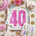 40th Birthday napkins surrounded by decorative elements on a polka dot background.