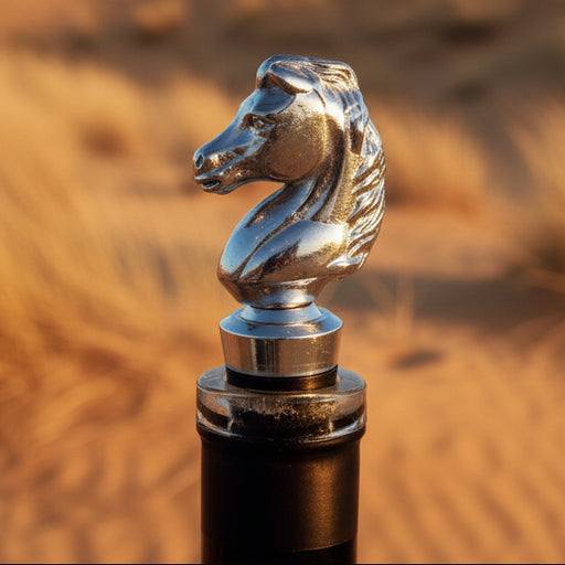 Clear bottle with a horse-shaped stopper on a kitchen counter, next to a cow figurine and a chalkboard with 'COW' written on it.