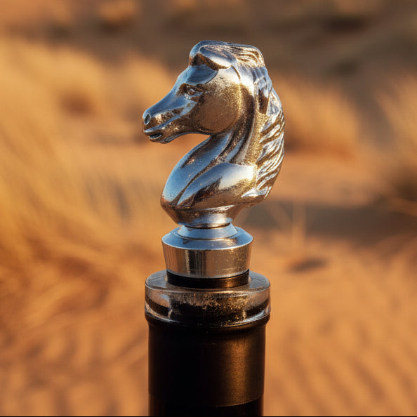 Clear bottle with a horse-shaped stopper on a kitchen counter, next to a cow figurine and a chalkboard with 'COW' written on it.