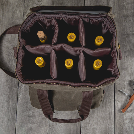 Wine bag with bottles on a wooden surface