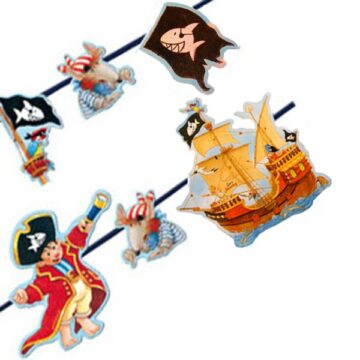 Captain Sharky Pirate-themed party banner featuring a pirate ship, flags, and characters, perfect for kids' birthday parties and adventure-themed decorations