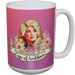 Pink ceramic 9 to 5 Cup of Ambition mug with vintage-inspired blonde woman artwork and floral design