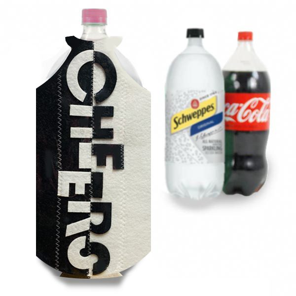 A felt bottle cover with 'CHEERS' text in black and white, displayed on a bottle.